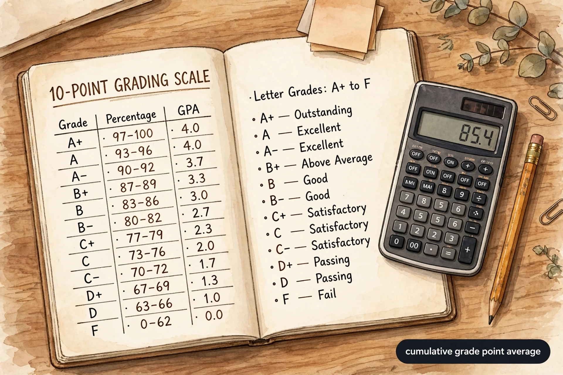 Open notebook showing a 10-point grading scale chart with letter grades A+ to F beside a calculator and pencil