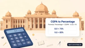 University campus illustration with a calculator and CGPA to percentage conversion chart for GTU students