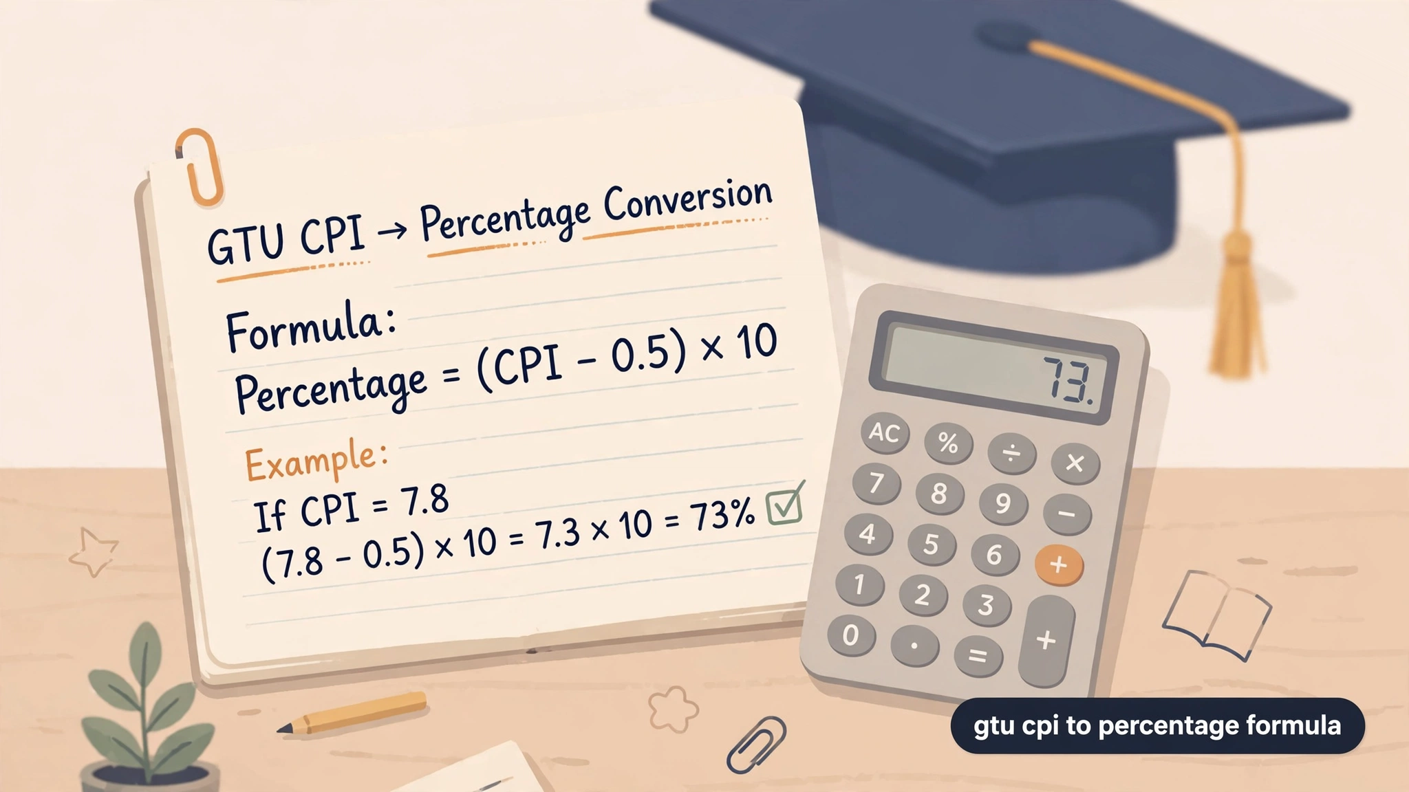 Notepad showing the GTU CPI to percentage formula with a calculator in flat academic style