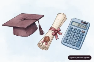 Illustration of a graduation cap, certificate scroll and calculator for CGPA to percentage KTU conversion