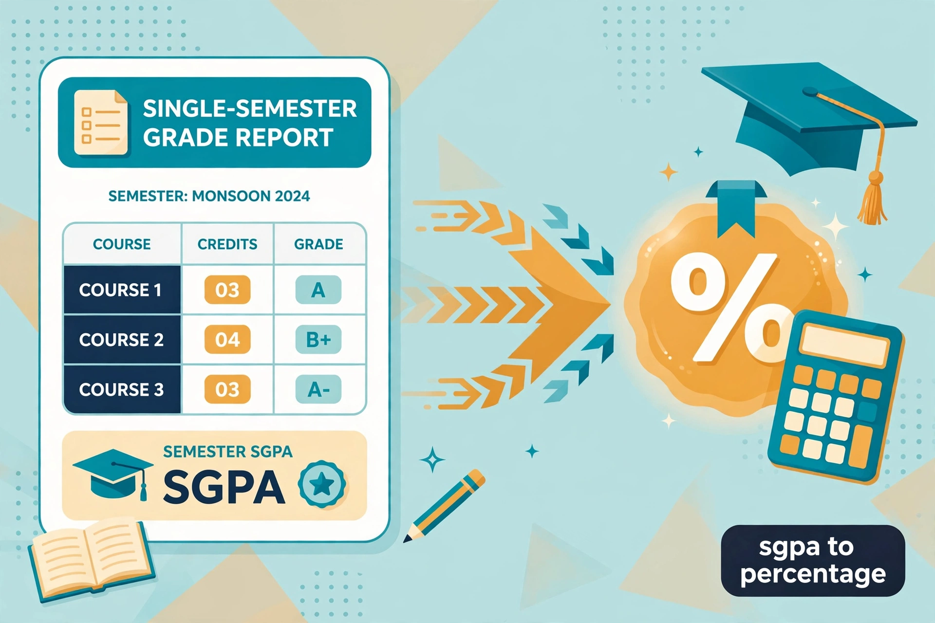 Single-semester SGPA grade report transforming into a percentage badge, illustrating SGPA to percentage conversion