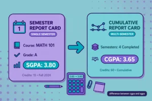 Single-semester report card with an arrow pointing to a multi-semester cumulative report card, comparing SGPA and CGPA