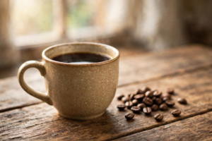 Black coffee in a ceramic mug with coffee beans — a new study finds coffee calories rose nearly 40 percent since 2003