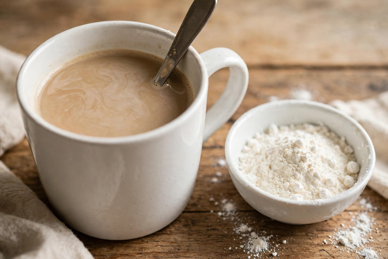 Milky coffee with a spoon and a bowl of powdered non-dairy creamer, the top source of added coffee calories