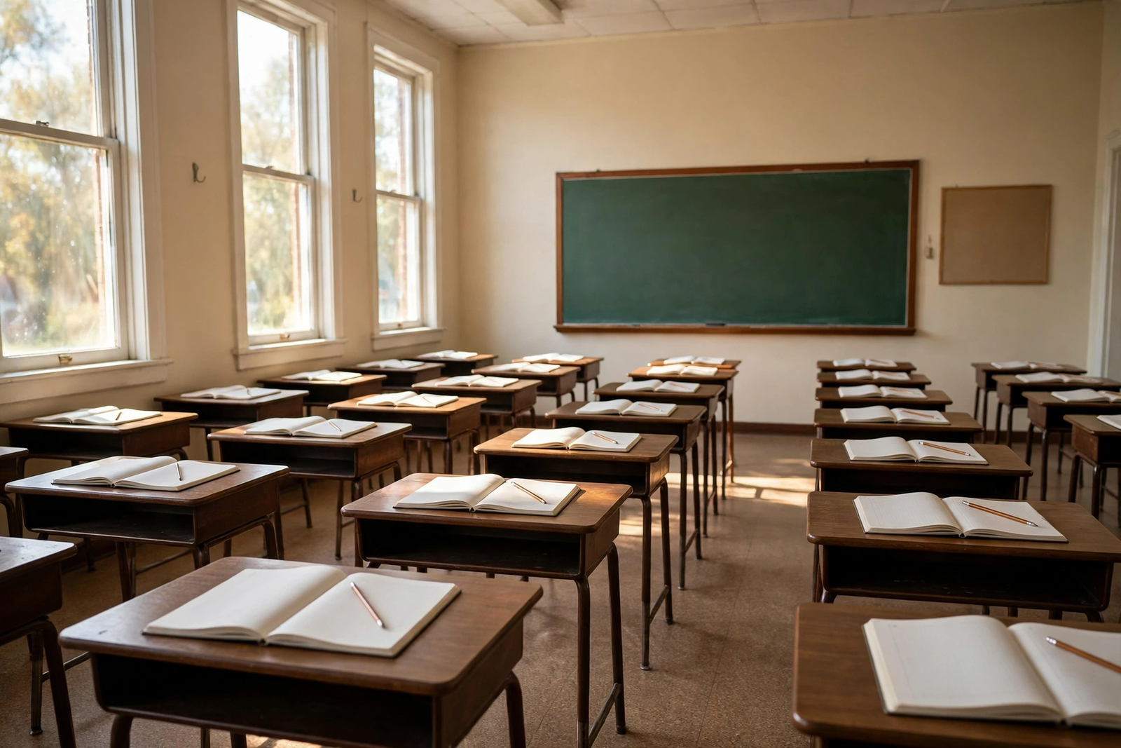 Empty classroom with rows of desks and open notebooks in sunlight