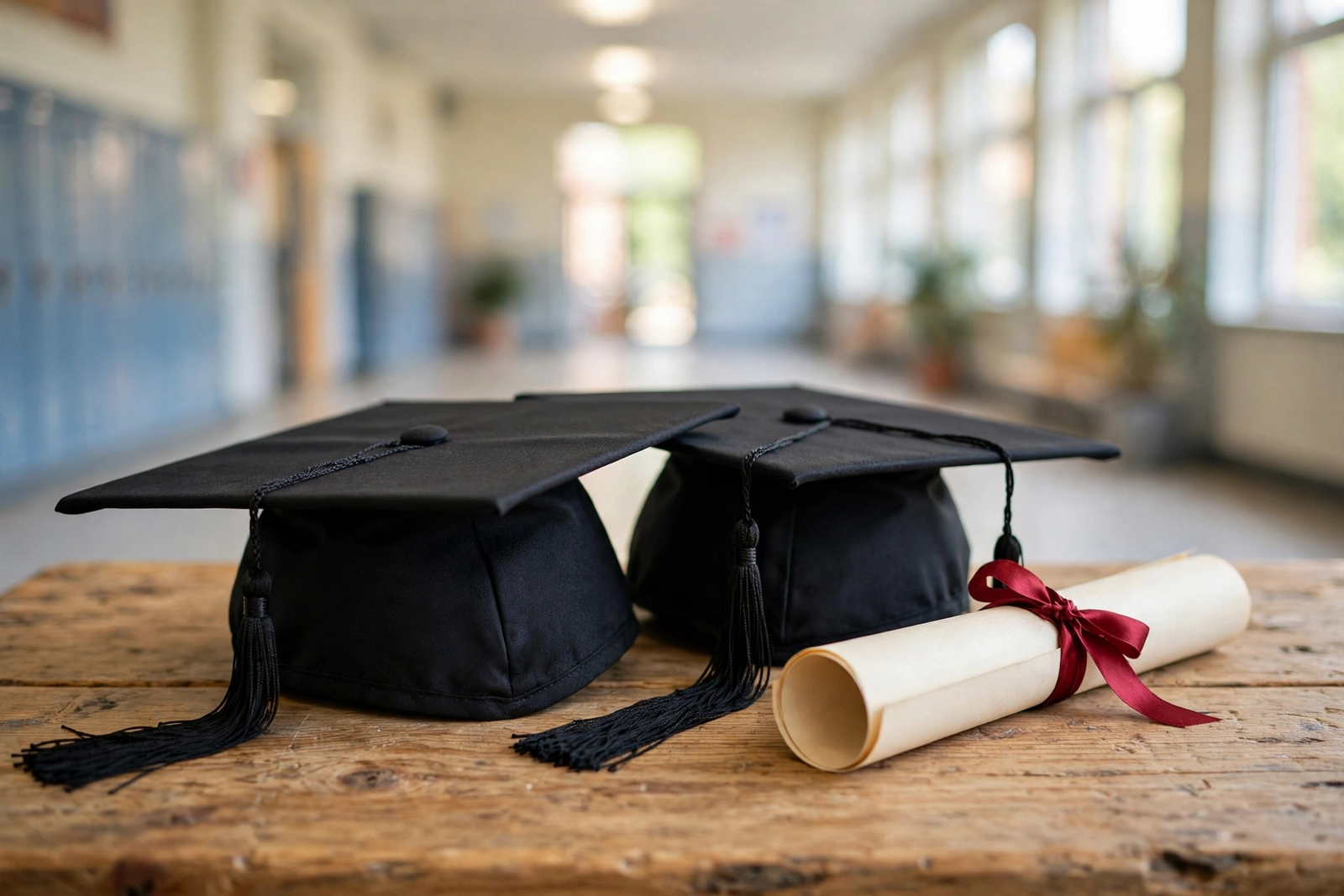Graduation caps and diploma scroll on a wooden table in a school hall