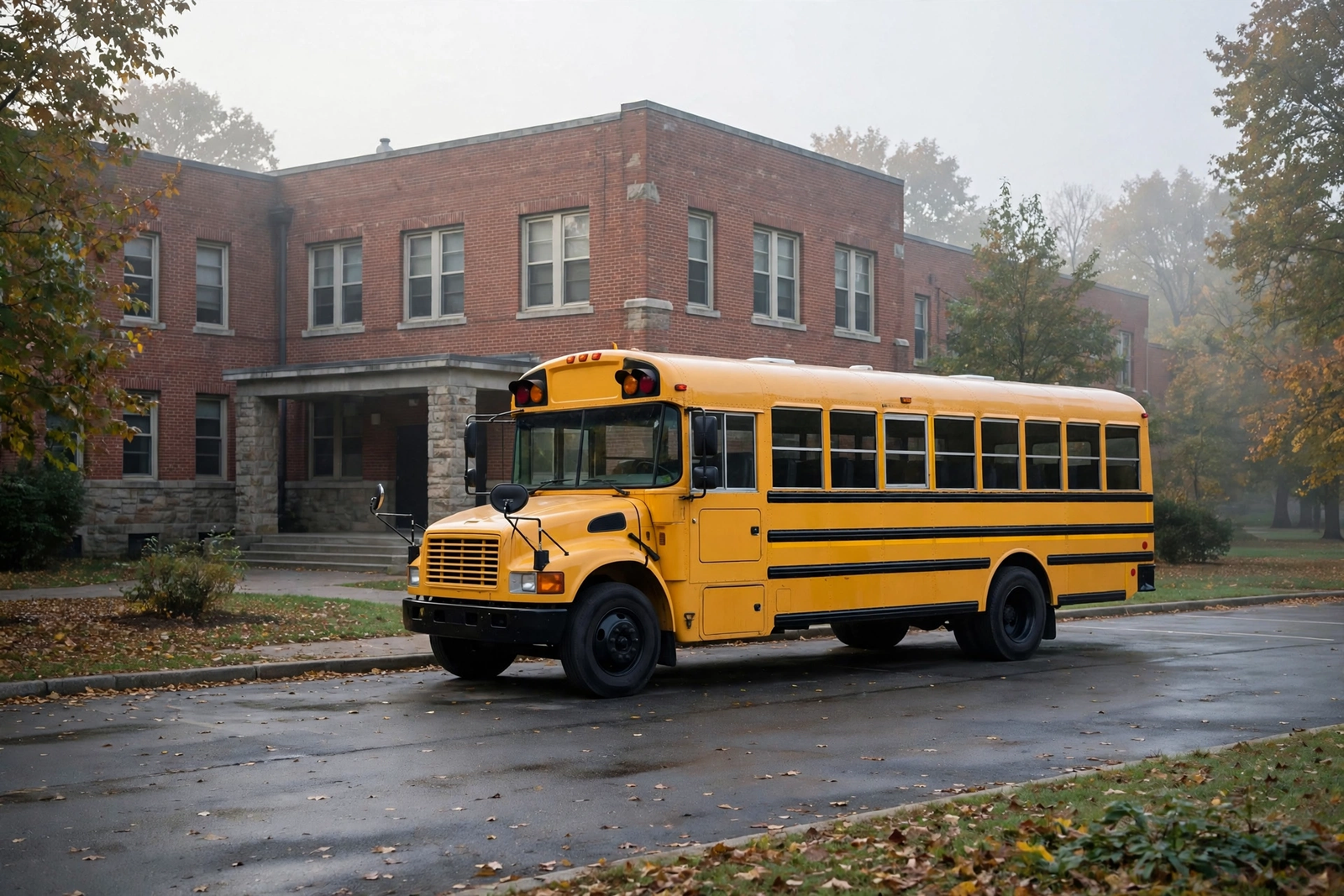 School bus outside a DC public school supporting daily student attendance.