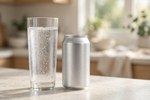 Glass of water next to a diet soda can on a kitchen counter for a diet soda vs water weight loss comparison