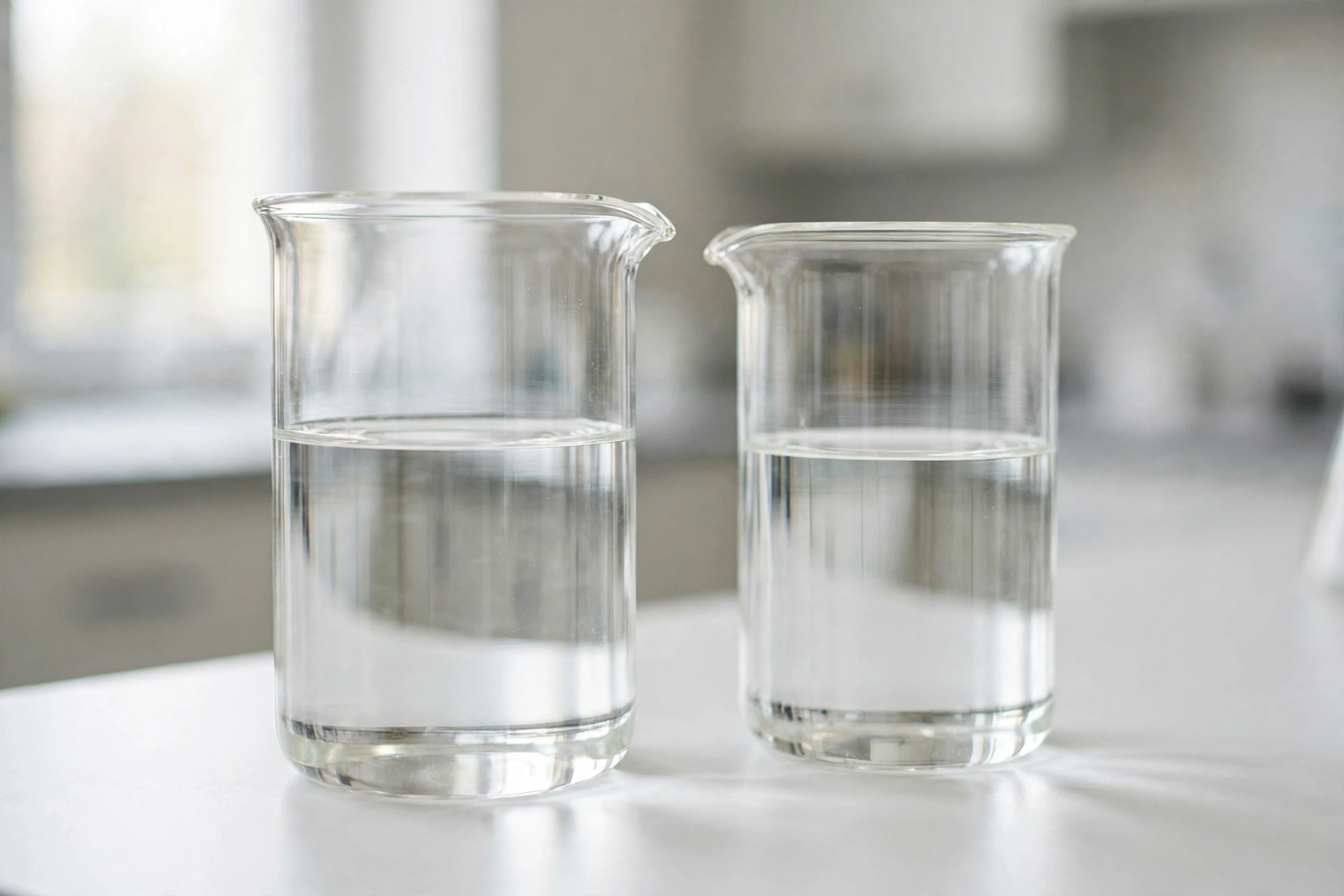 Glass beakers of clear liquid representing the two-year trial comparing diet soda and water drinkers