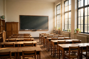 Empty sunlit classroom with rows of desks waiting for students to arrive