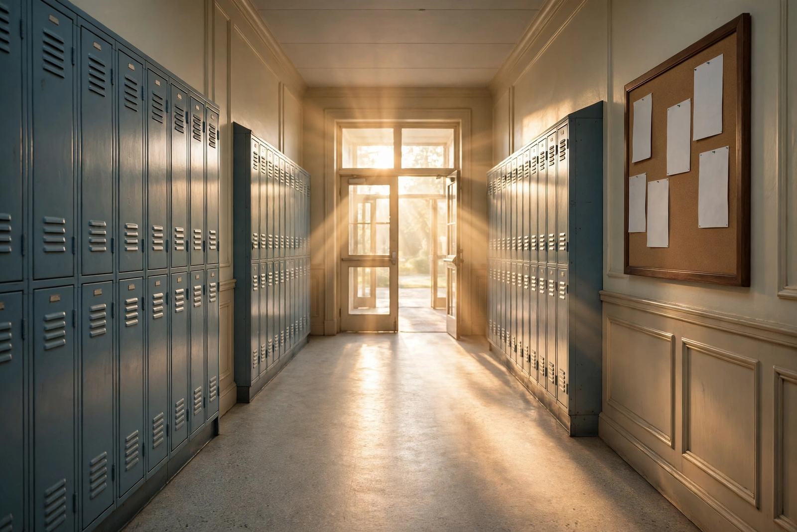 Quiet school hallway with lockers leading toward the morning light