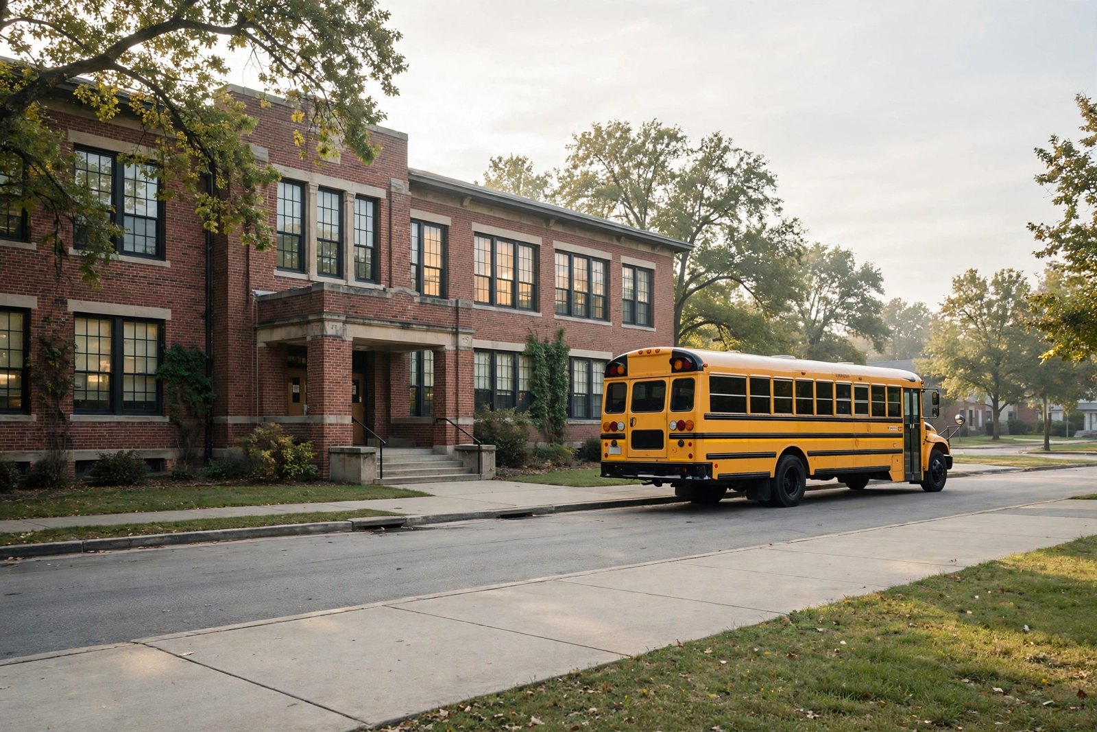 Yellow school bus parked outside a school building in the morning