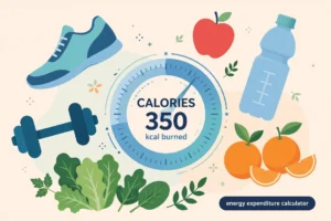Featured illustration for the energy expenditure calculator guide showing a calorie gauge surrounded by a running shoe, apple, water bottle, and dumbbell