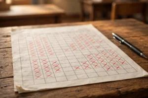 School attendance register with red absence marks on a teacher's desk