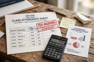 Attendance sheet with 75% warning mark and calculator