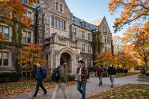 Male college students walking on a university campus pathway