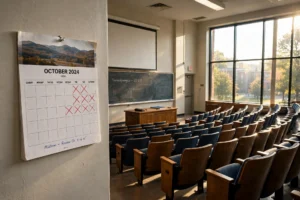 Calendar with crossed-out dates beside empty lecture hall