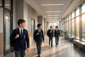 Schoolboys walking to class in a bright school hallway