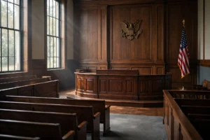 Empty courtroom interior with judge's bench