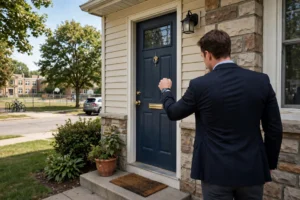 Truancy officer knocking on the front door of a suburban house