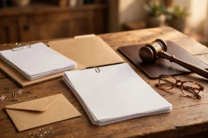 Employment documents and gavel on a wooden desk