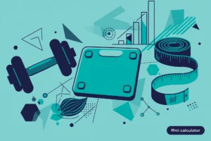 Featured illustration for the FFMI calculator guide showing a dumbbell, body composition scale, and measuring tape