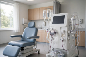Dialysis machine in a bright clinic treatment room