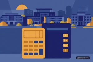 Featured illustration for the VIT GPA calculator guide showing a university campus, calculator, and grade keys