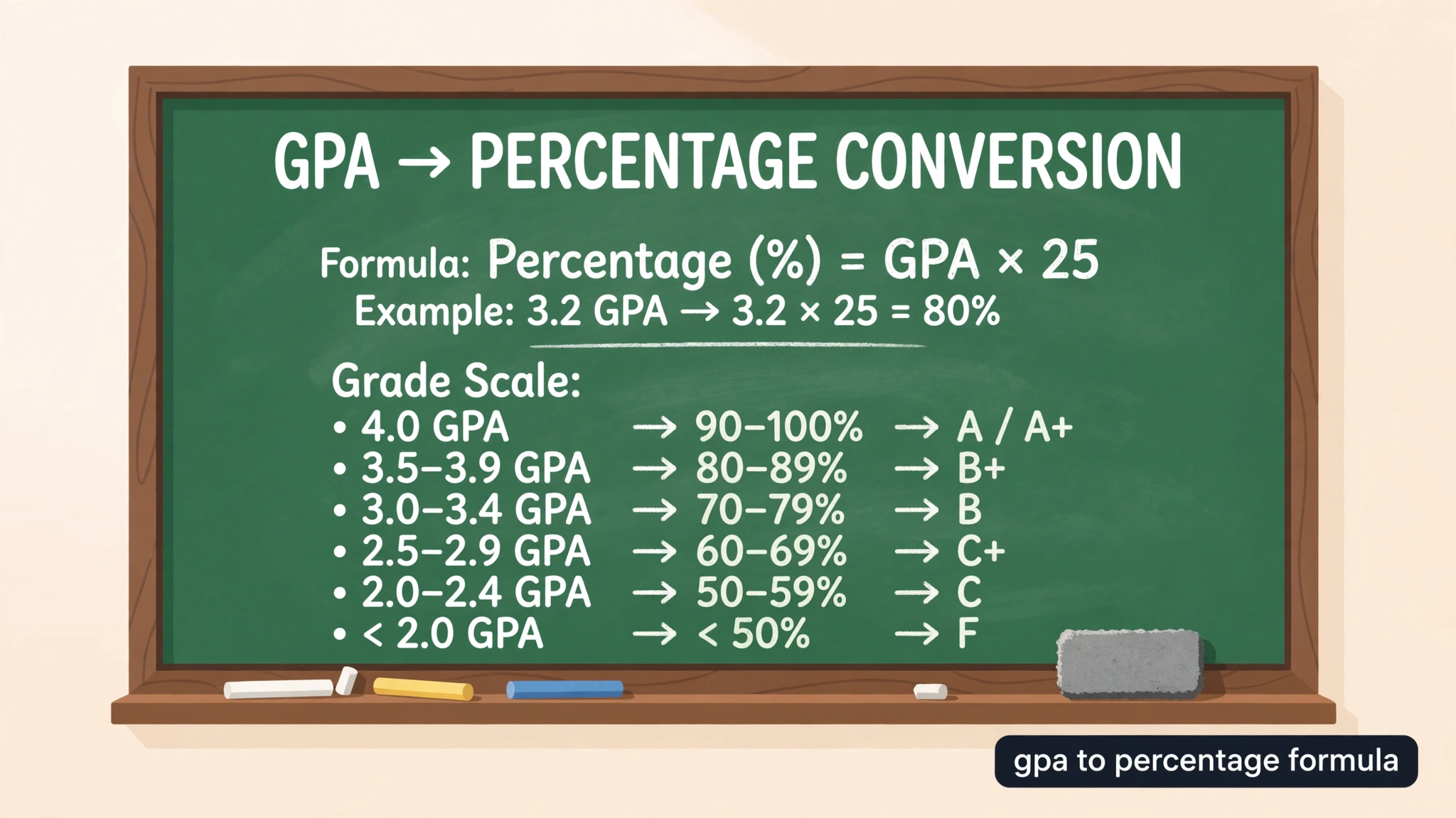Chalkboard showing the GPA to percentage formula with grade scales