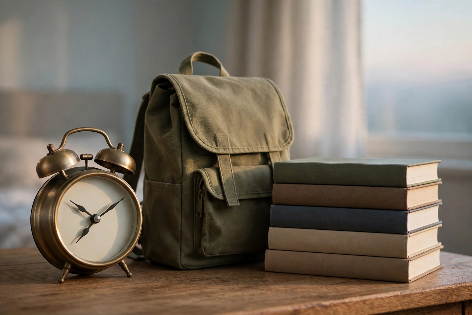 Alarm clock with school bag and books - improving daily school attendance