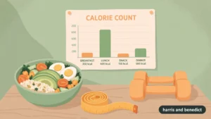 Healthy meal bowl, tape measure, dumbbells and calorie count chart, badge reads harris and benedict