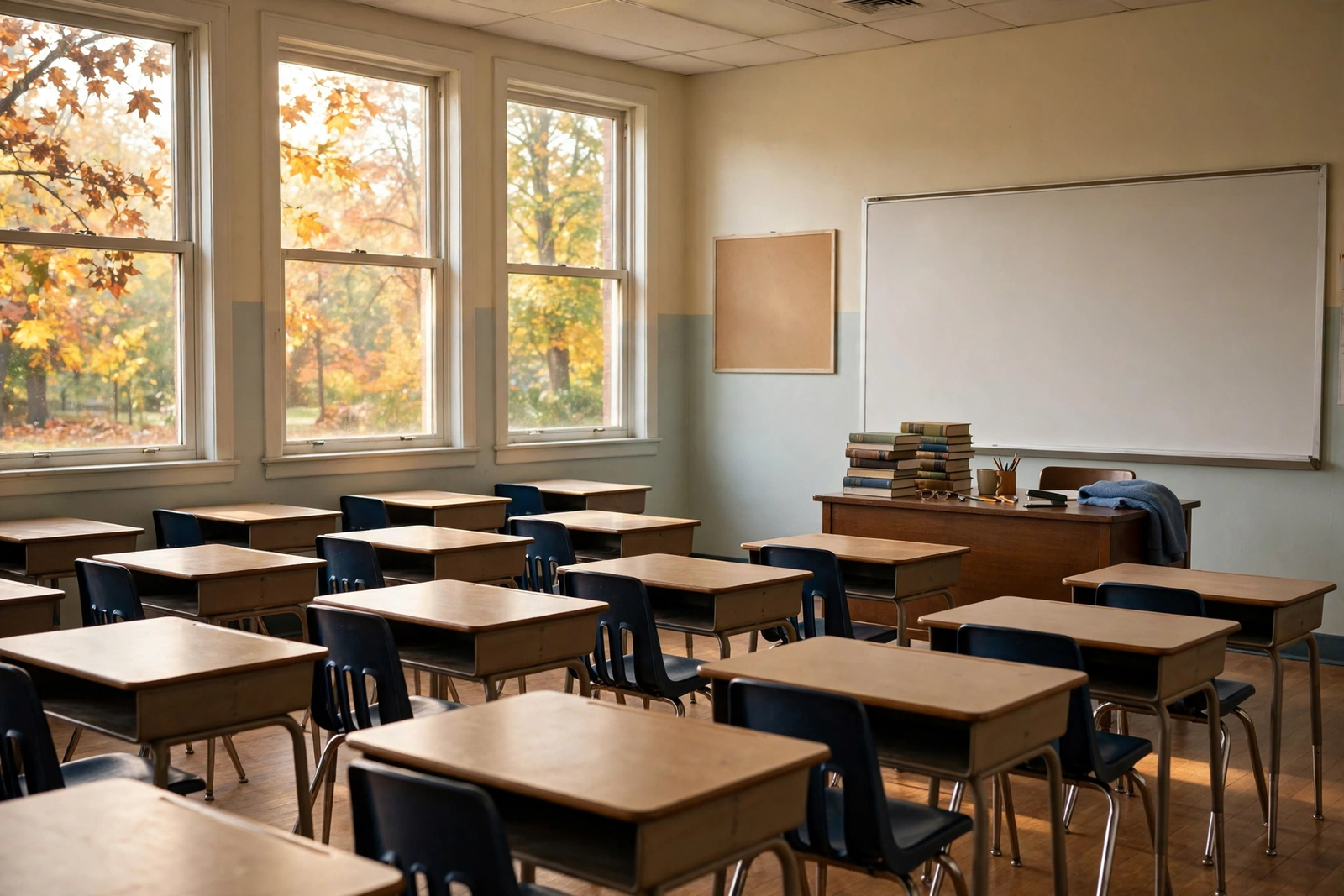 Empty American school classroom with desks and whiteboard in morning light