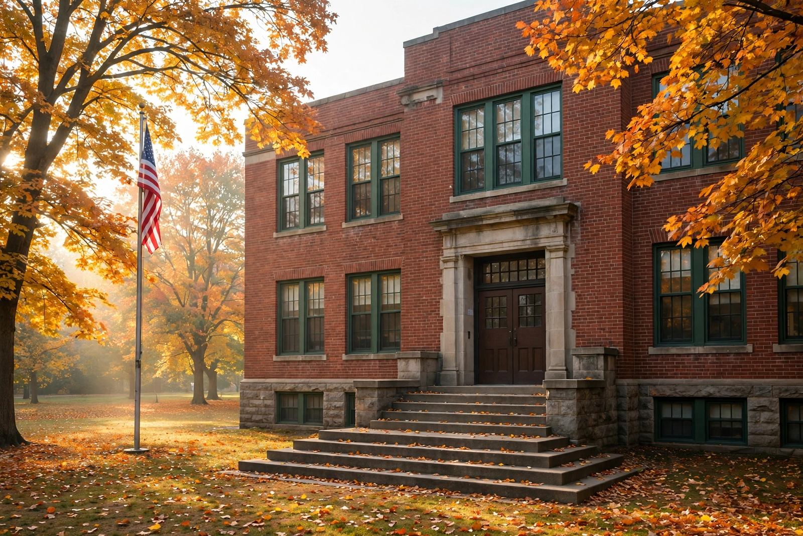 American school building exterior on a quiet autumn morning with empty front steps