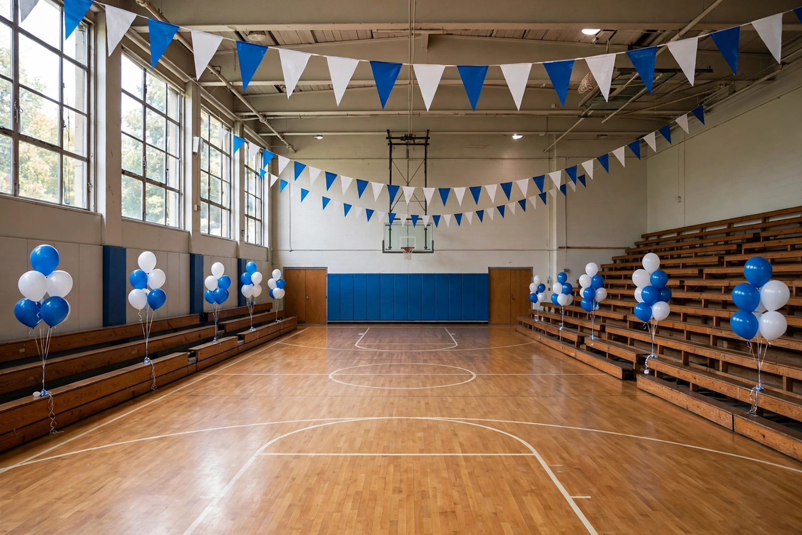 School gymnasium decorated in blue and white for a celebration