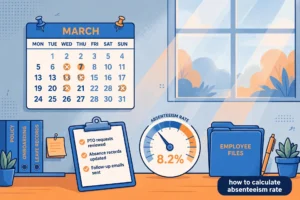 HR office illustration with a calendar of absent days, checklist and absenteeism rate gauge