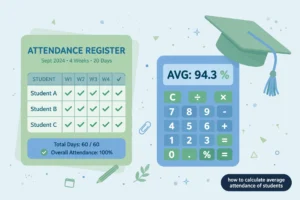 Illustration of an attendance register and calculator showing how to calculate average attendance of students