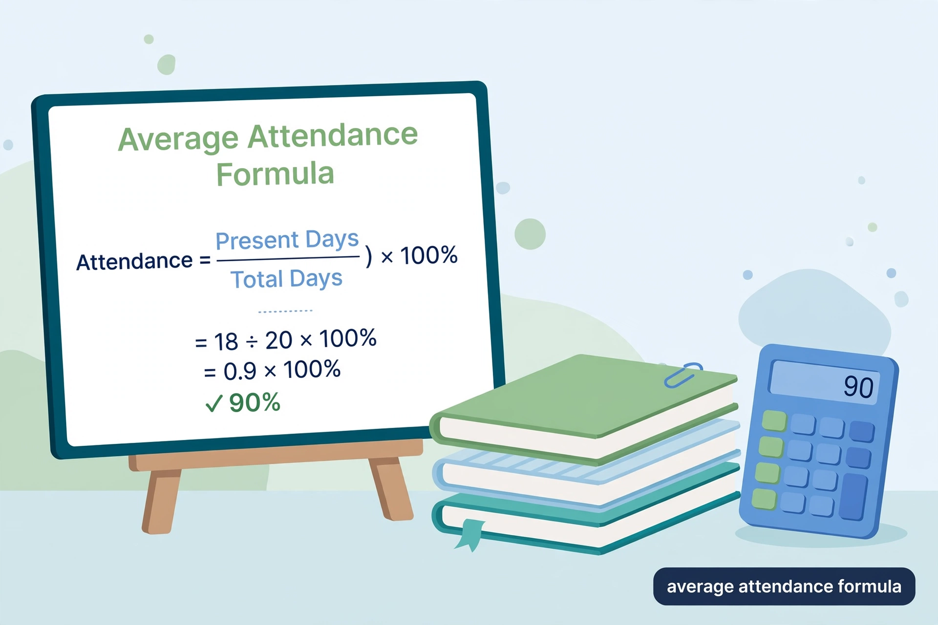 Whiteboard showing the average attendance formula with a calculator and notebooks