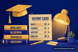 Flat vector illustration of a graduation cap, a report card with top grades, and stacked books on a study desk