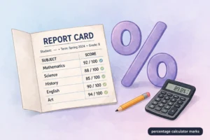 Report card with subject scores and a large percentage symbol for a percentage calculator for marks