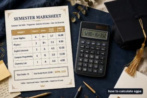 Semester marksheet with subject credits and grade points beside a calculator and graduation cap, badge reading how to calculate sgpa
