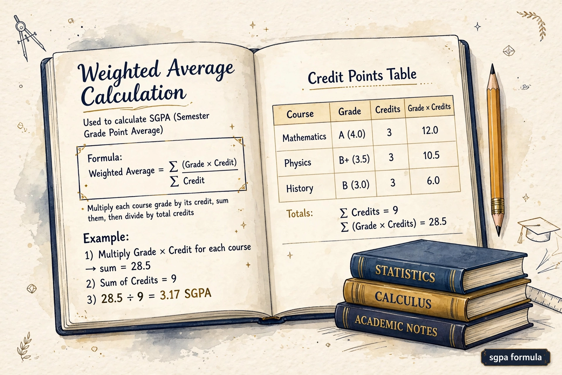 Open notebook showing a weighted average calculation with a credit points table, demonstrating the SGPA formula