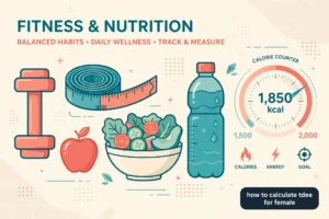 Flat infographic of dumbbells, measuring tape, healthy food and a calorie counter dial explaining how to calculate tdee for female