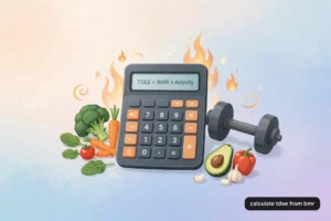 Illustration of a calculator displaying TDEE = BMR × Activity with dumbbell and vegetables, for calculating TDEE from BMR