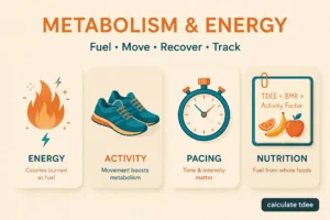 Metabolism and energy infographic with flame, running shoes, stopwatch and nutrition cards showing how to calculate tdee