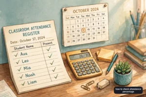Classroom attendance register with checkmarks, wall calendar and calculator on a desk, badge reading how to check attendance percentage