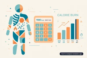 Featured illustration for the how to compute metabolic age guide showing a body silhouette, calculator, and calorie burn chart