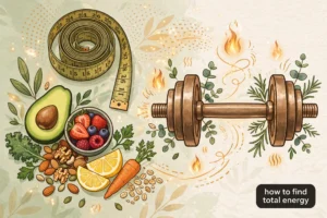 Fitness and nutrition illustration with a measuring tape, healthy foods, and a dumbbell showing how to find total energy burned daily