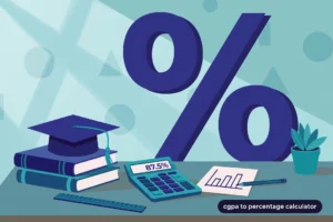Academic illustration of a CGPA to percentage calculator with giant percent symbol, calculator and graduation cap