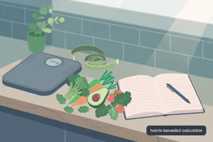 Flat vector illustration of fitness and nutrition items for a Harris Benedict calculator — scale, measuring tape, vegetables and notebook