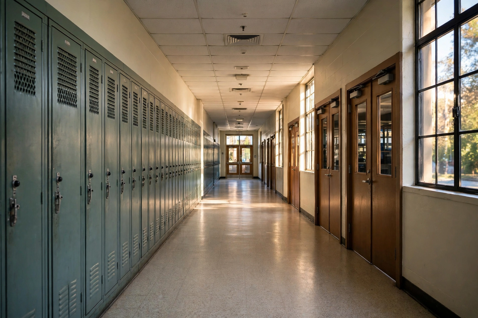Empty school hallway with lockers in a Chicago public school building